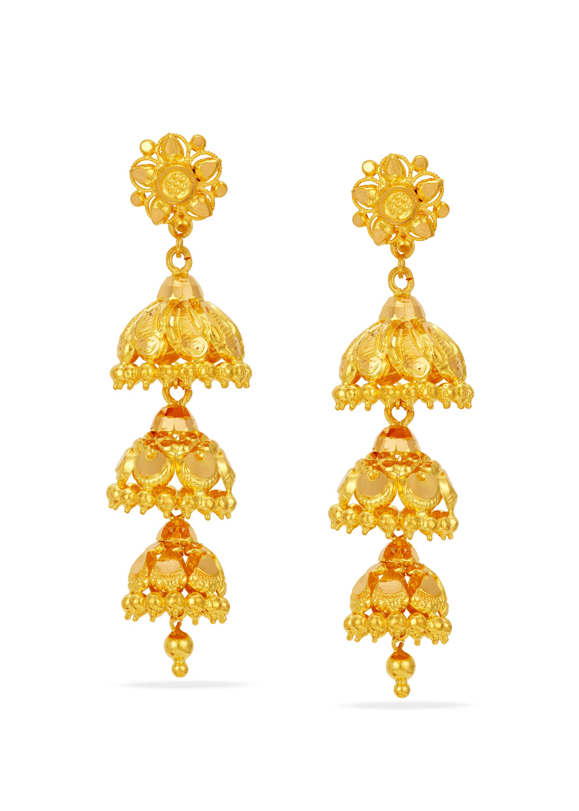 Triple Tiered 22K Gold Traditional Jhumka Earring