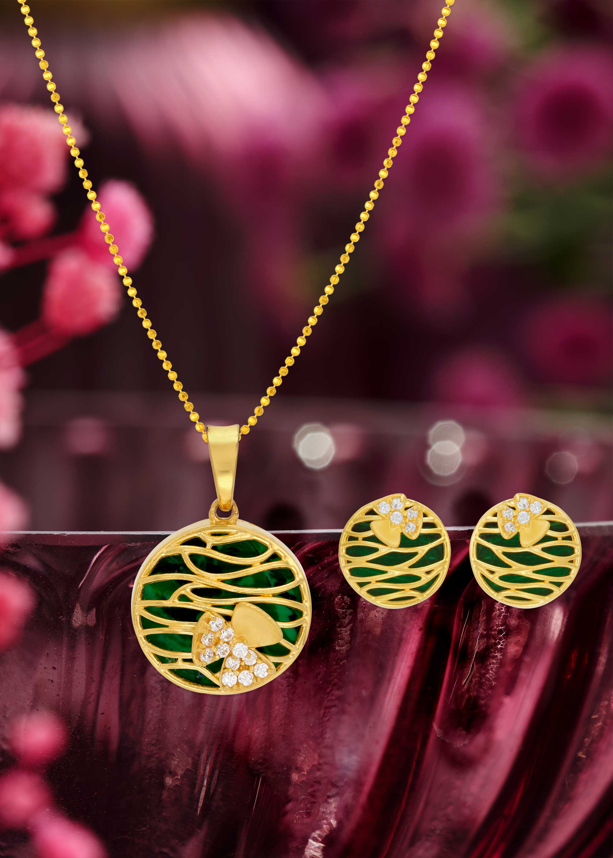 Floral Stone 22K Gold Pendant And Earring Set