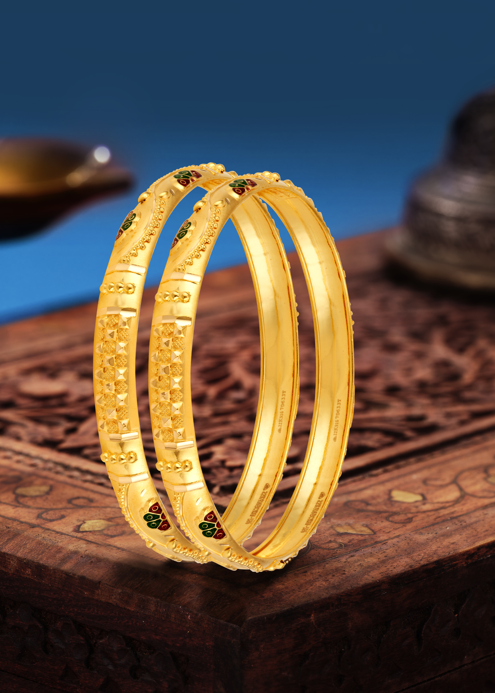 Elegant Fancy 22K Gold Half-Round Bangle