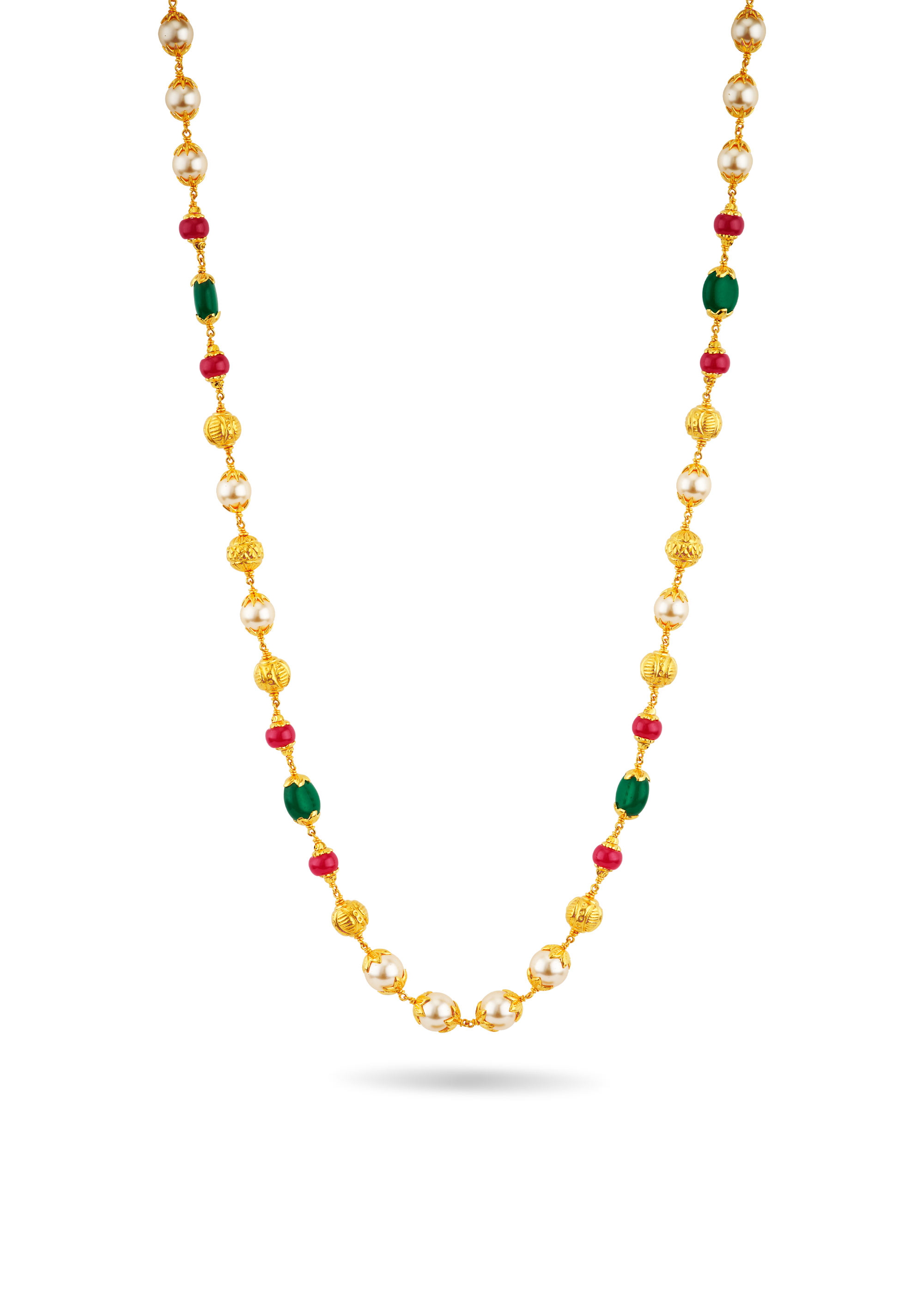 Nellore Inspired Ruby Emerald Pearl 22K Gold Chain