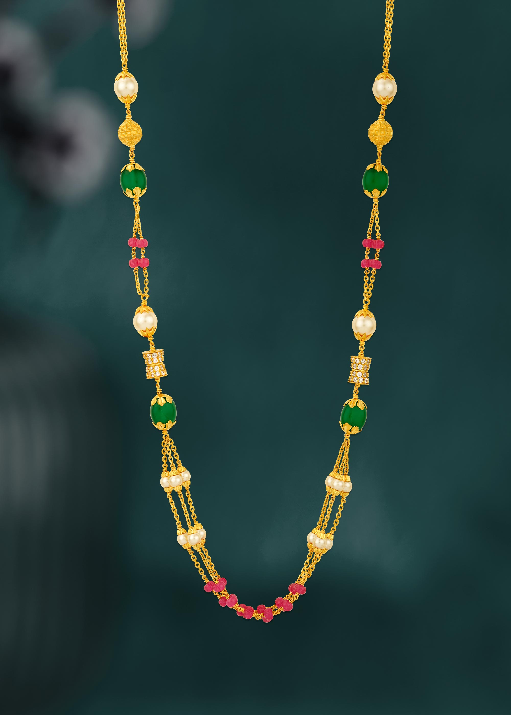 Ruby Emerald Pearl 22K Gold Chain
