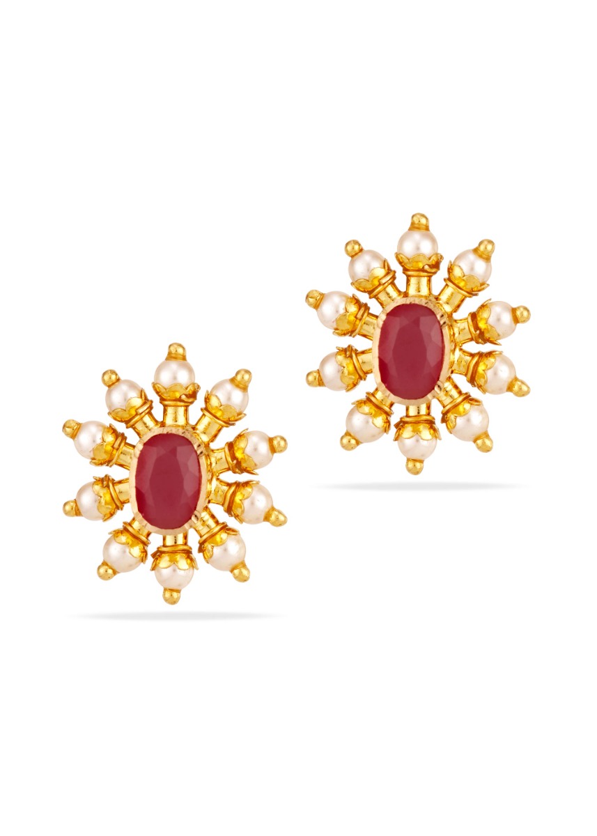 Ruby Pearl 22K Gold Hollow Stud Earring