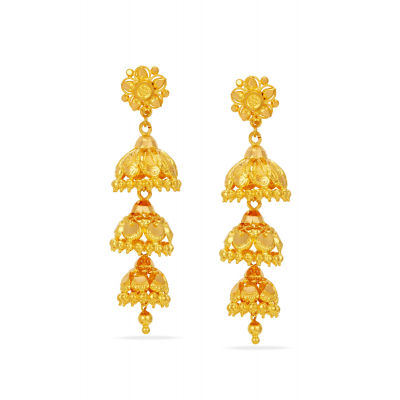 Triple Tiered 22K Gold Traditional Jhumka Earring