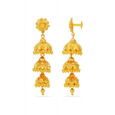 Triple Tiered 22K Gold Traditional Jhumka Earring