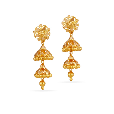Double Layer 22K Gold Villupuram Jhumka Earring