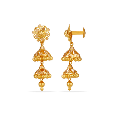 Double Layer 22K Gold Villupuram Jhumka Earring