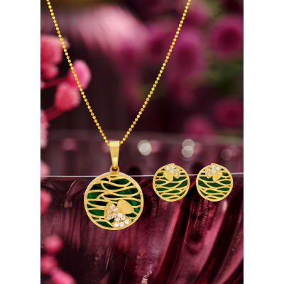 Floral Stone 22K Gold Pendant And Earring Set