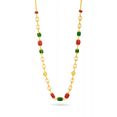Handcrafted Ruby Emerald Pearl 22K Gold Chain