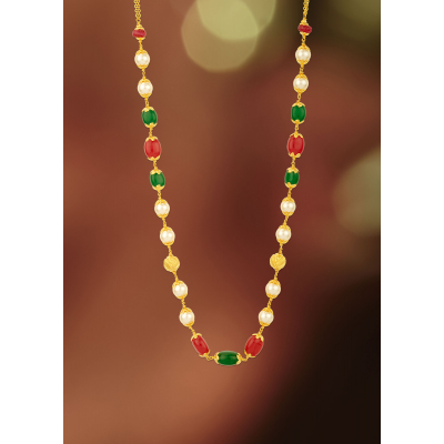 Handcrafted Ruby Emerald Pearl 22K Gold Chain