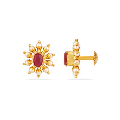 Ruby Pearl 22K Gold Hollow Stud Earring
