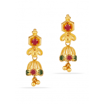 Triangle Ruby Emerald 22K Gold Jhumka Earring