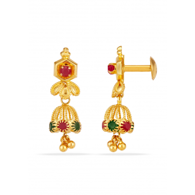 Triangle Ruby Emerald 22K Gold Jhumka Earring