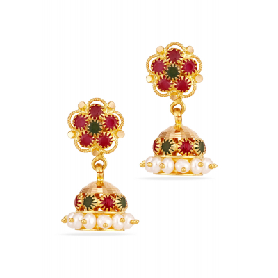 Gleaming Ruby Emerald 22K Gold Jhumka Earring