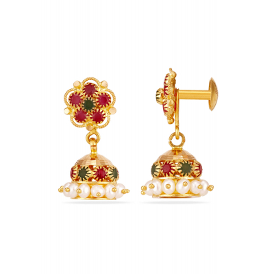 Gleaming Ruby Emerald 22K Gold Jhumka Earring