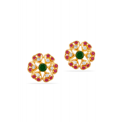 Ruby Emerald Heart 22K Gold Stud Earring