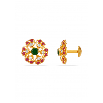 Ruby Emerald Heart 22K Gold Stud Earring