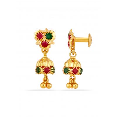 Ruby Emerald 22K Gold Spring Jhumka Earring
