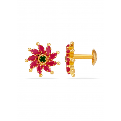 Ruby Emerald 22K Gold Hollow Stud Earring