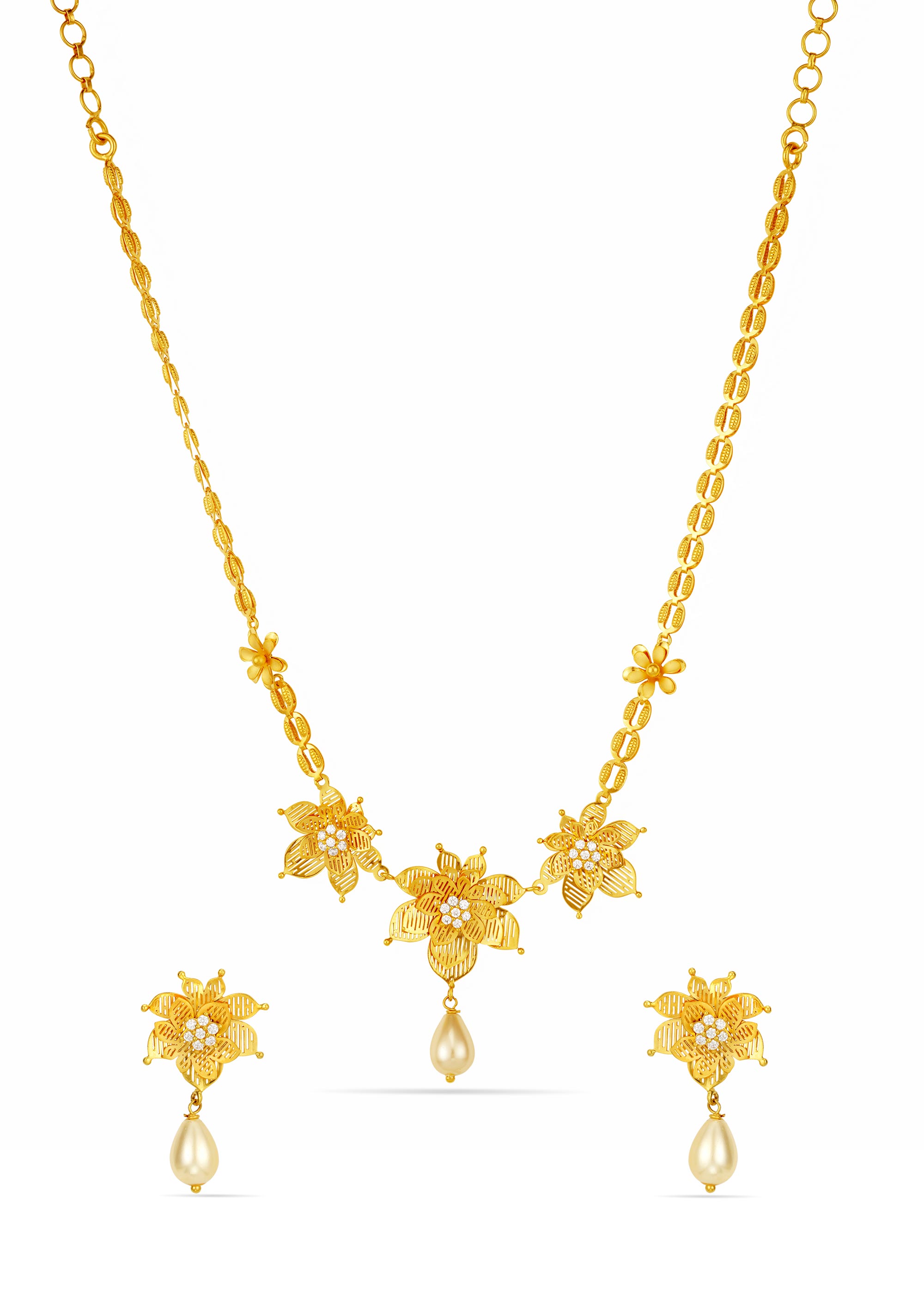 Plated Floral Necklace with Pearl Drop