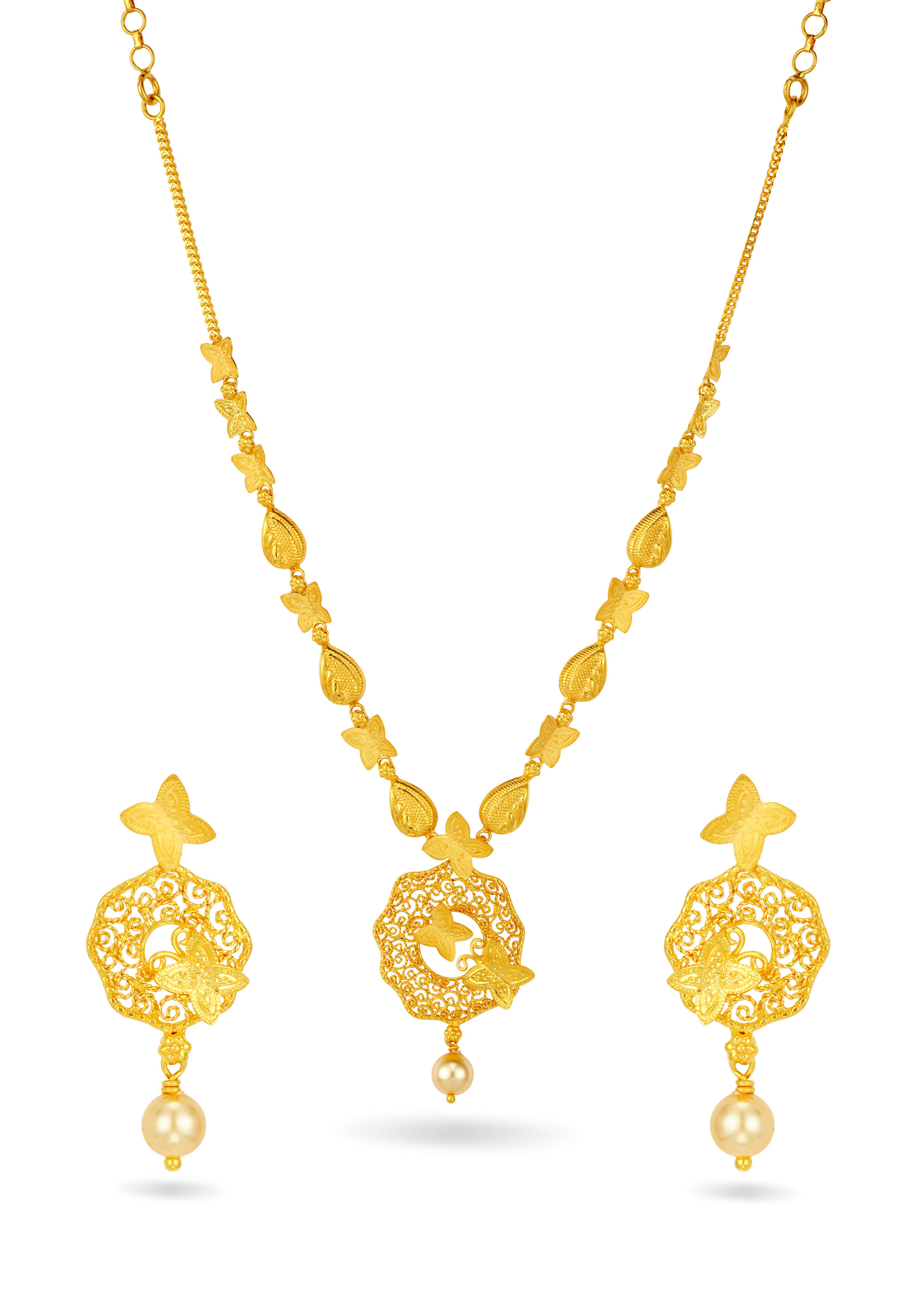 Intricate Butterfly Nest Stamping with Pearl Drop Necklace Set