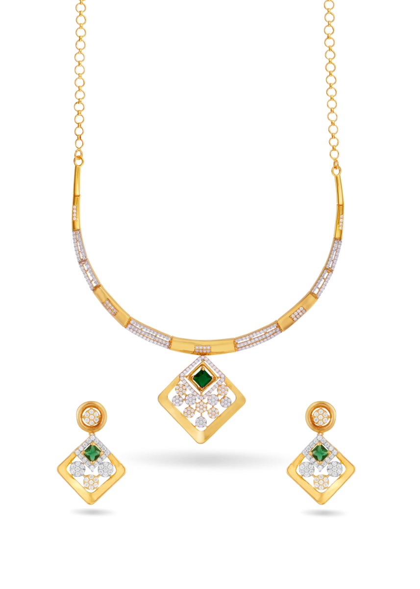 Green and Zircon Embossed Floral Neckwear Set
