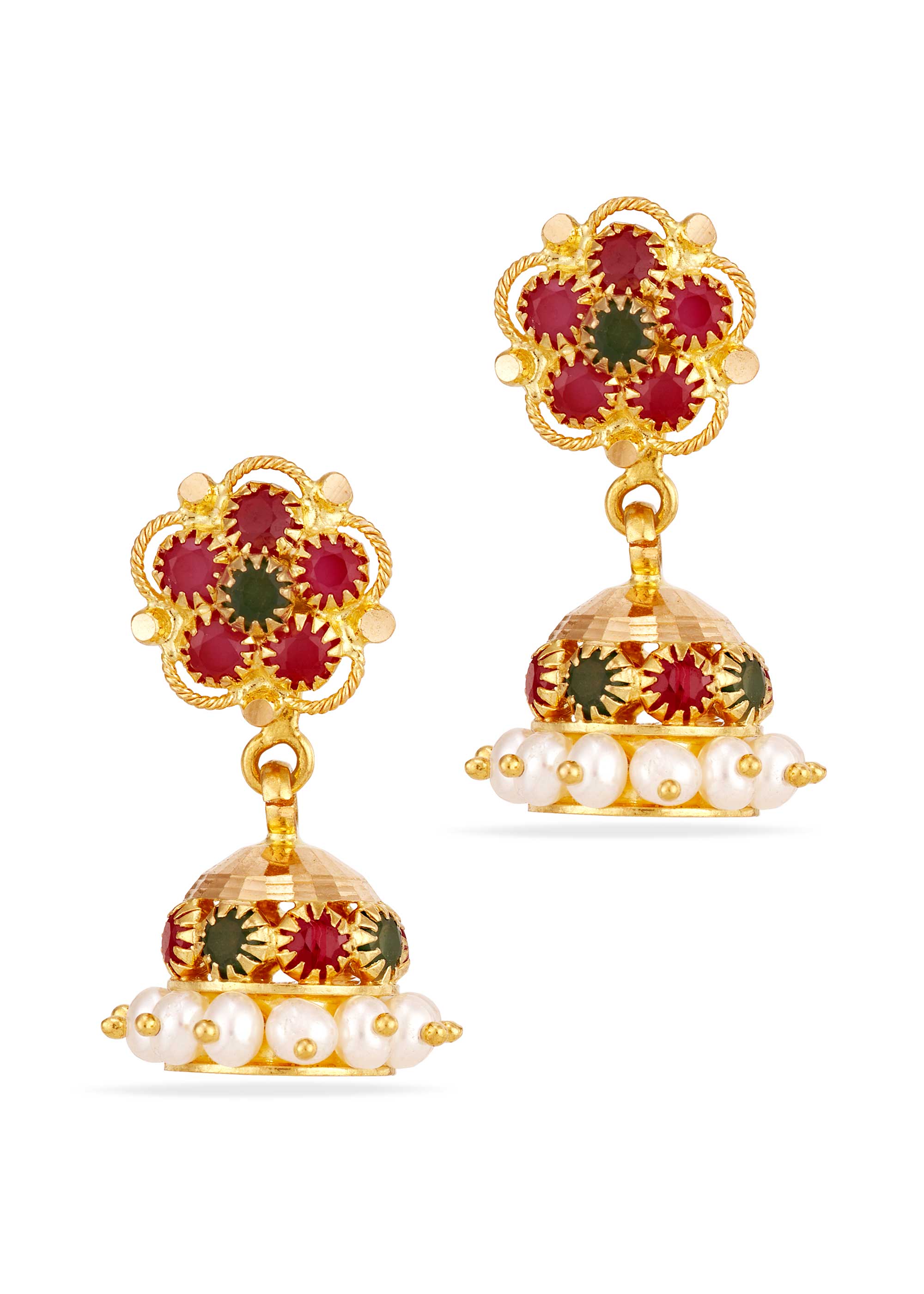 Gleaming Ruby Emerald Pearl Jhumki Earrings