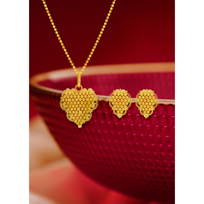 Triangular Cluster Gold Ball Pendant and Earring Set