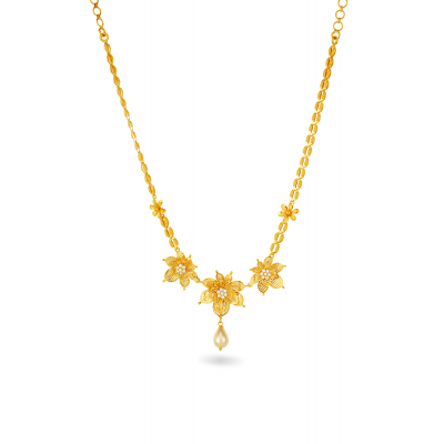 Plated Floral Necklace with Pearl Drop