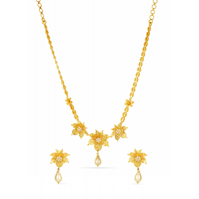 Plated Floral Necklace with Pearl Drop