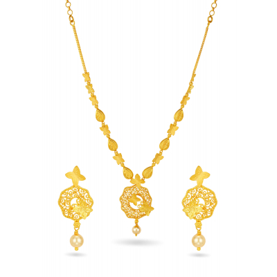 Intricate Butterfly Nest Stamping with Pearl Drop Necklace Set